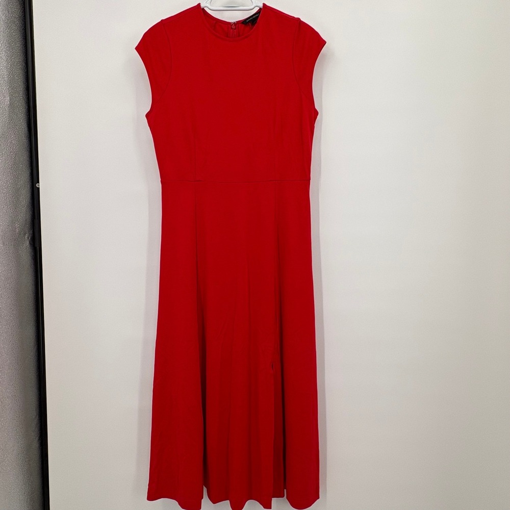 Banana Republic Red Cap Sleeve Midi Dress Side Slit Size 8 Crew Neck Knit Flare